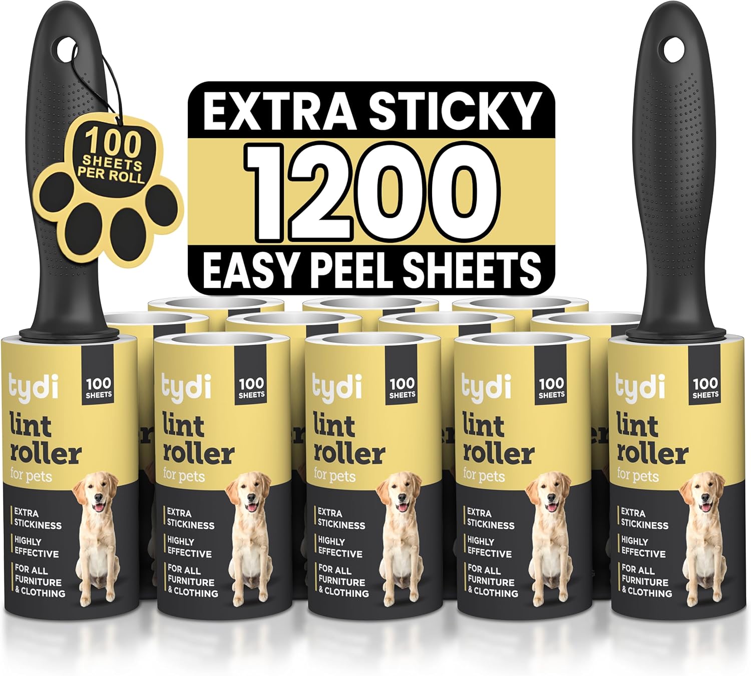 Tydi Pet Lint Roller Value Pack – 2 Handles, 1200 Sheets & 2 Lint Removers – Includes Carpet Scraper with Wooden Handle – Sticky Rollers for Pet Hair - Comfort Style