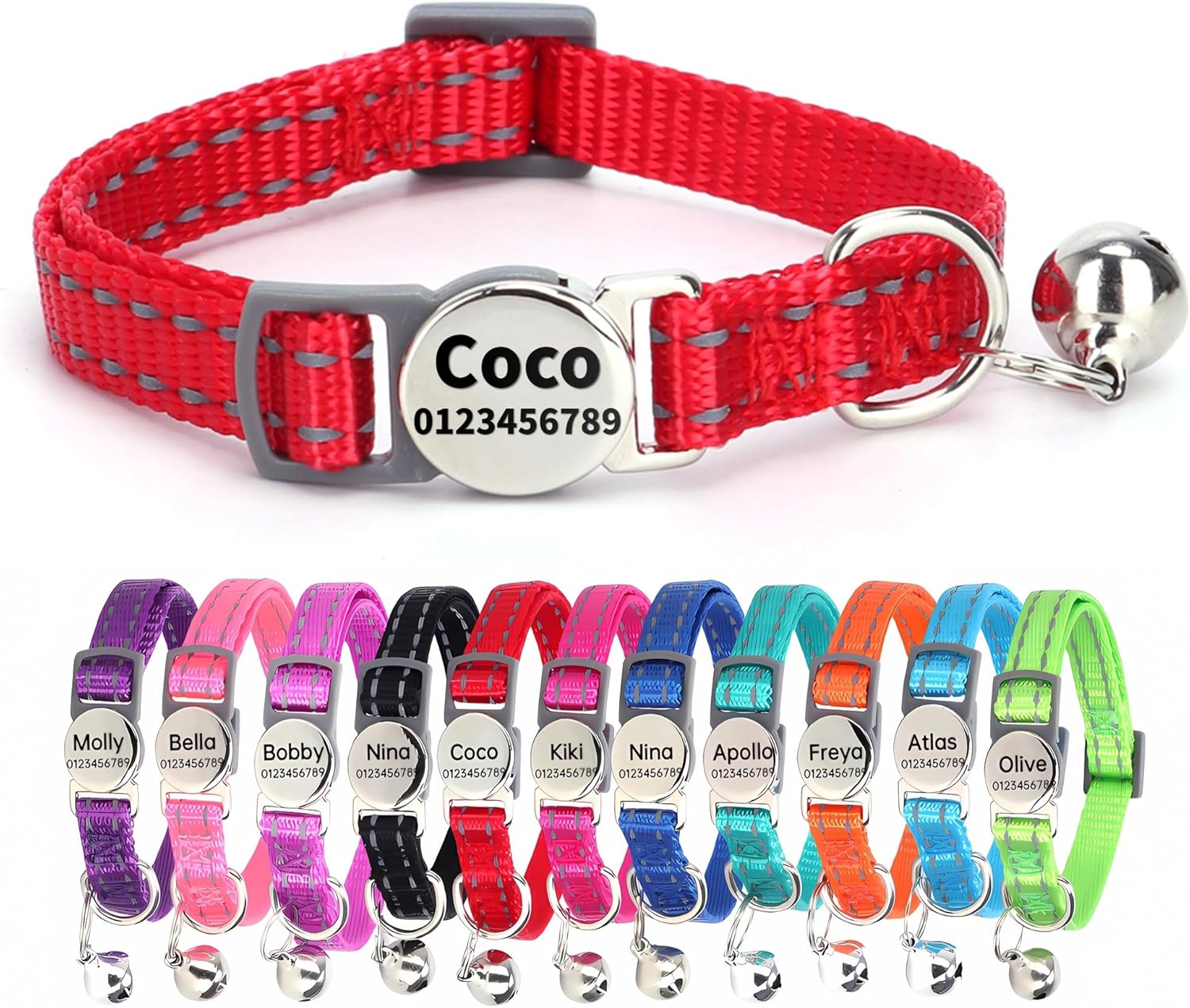 SEOUGEE Cat Collar Quick Release with Personalised Name Tag, Reflective Kitten Collars with Bells & Safety Release, 19-30 CM Adjustable, Rose Red - Comfort Style