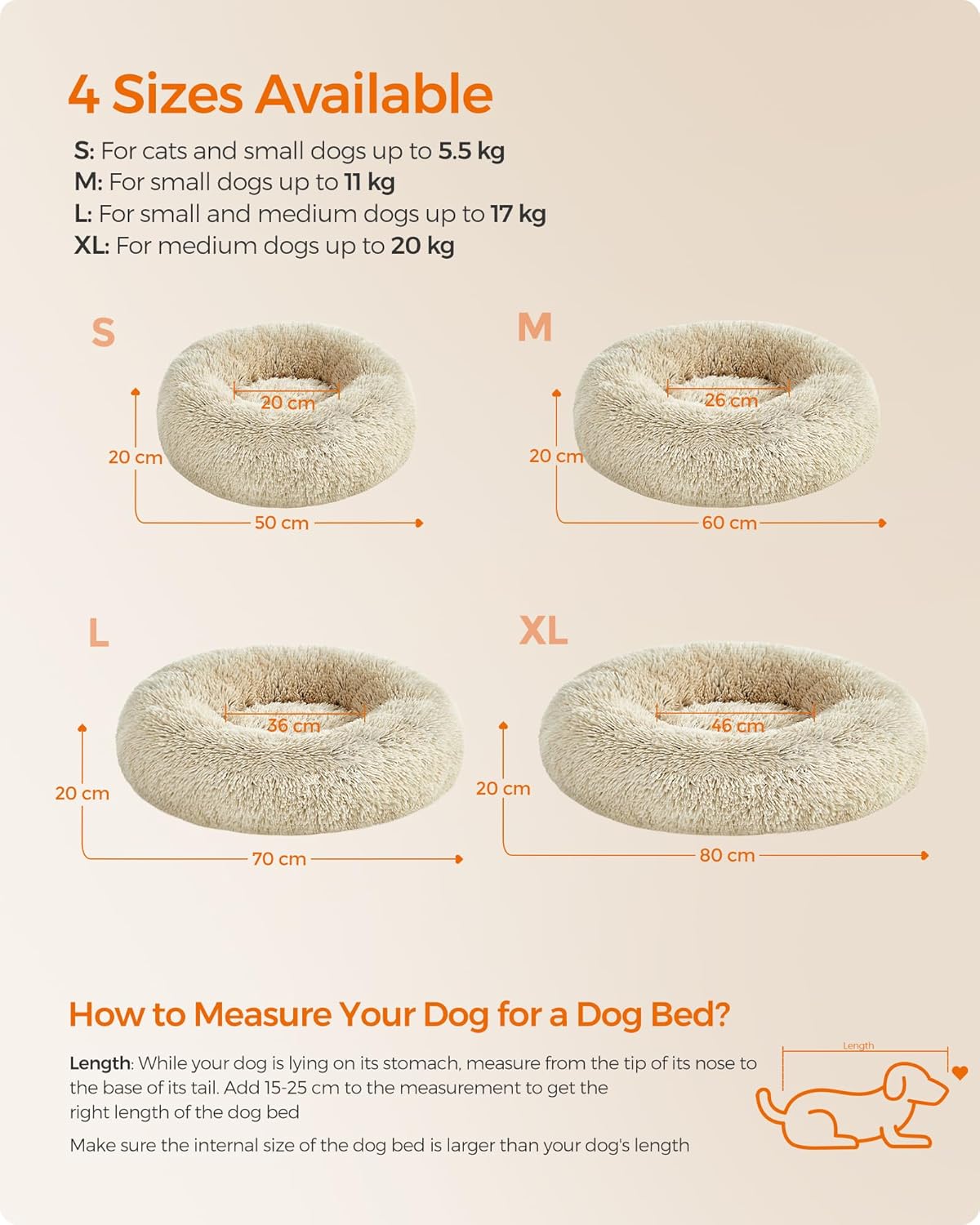 Feandrea Dog Bed, Donut Cat Bed, Fluffy Calming Pet Bed with Removable, Washable Cover, Soft Long Plush, 50 cm, Grey - Comfort Style