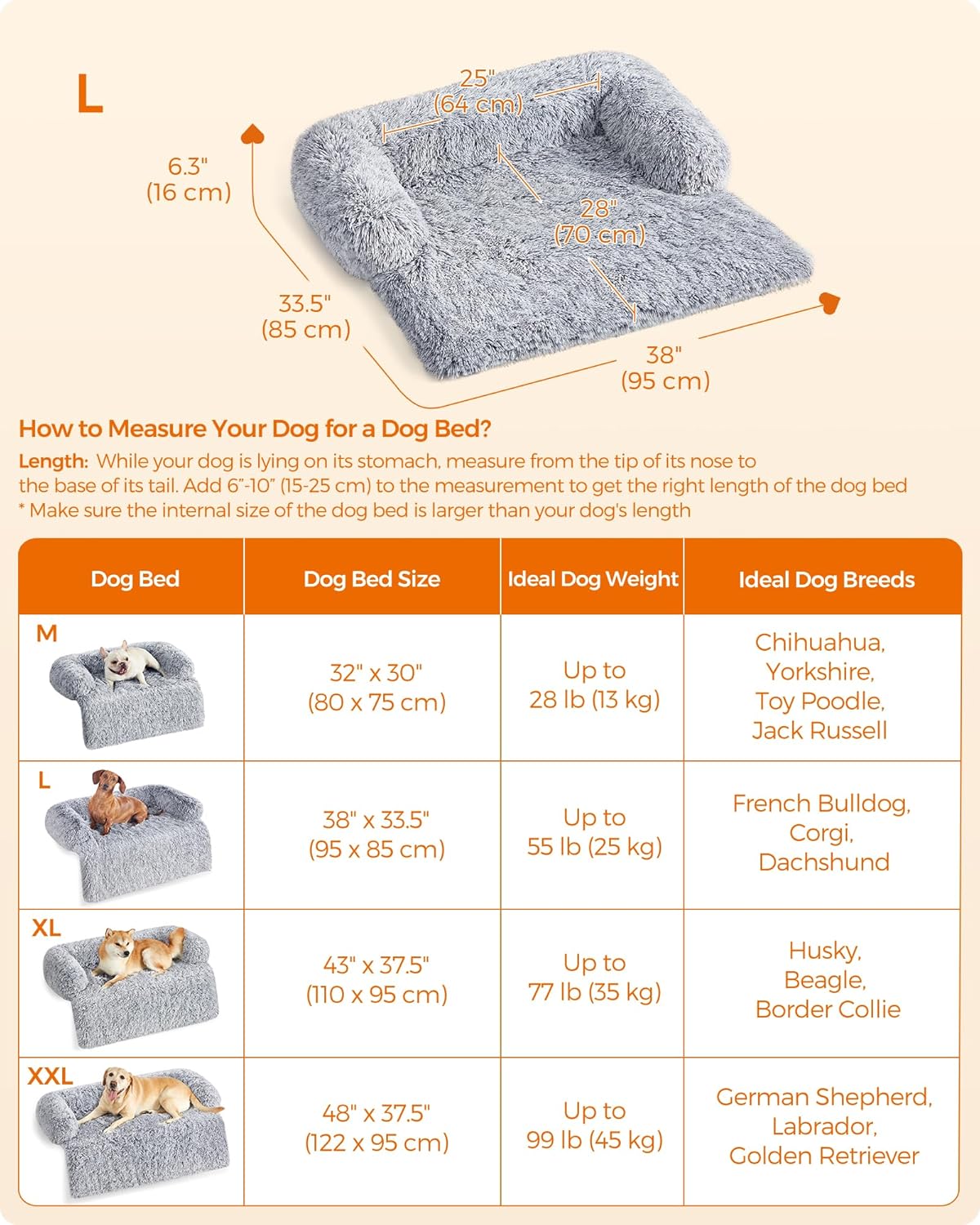 Feandrea FluffyHug Dog Sofa Bed, Dog Sofa Cover, Calming Dog Bed, L, for Medium Dogs, 95 x 85 x 16 cm, Grey Ombré PGW222G01