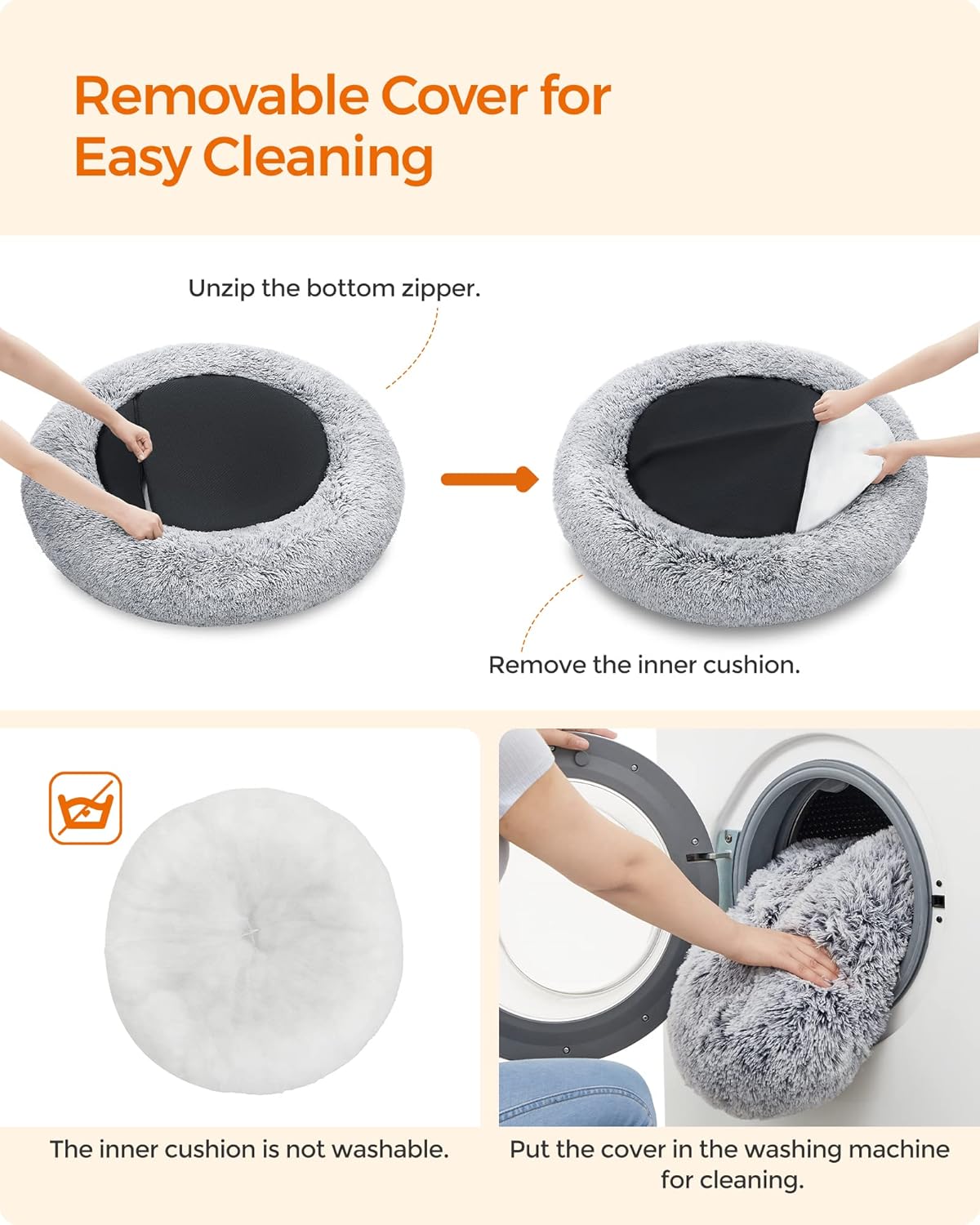 Feandrea Dog Bed, Donut Cat Bed, Fluffy Calming Pet Bed with Removable, Washable Cover, Soft Long Plush, 50 cm, Grey - Comfort Style
