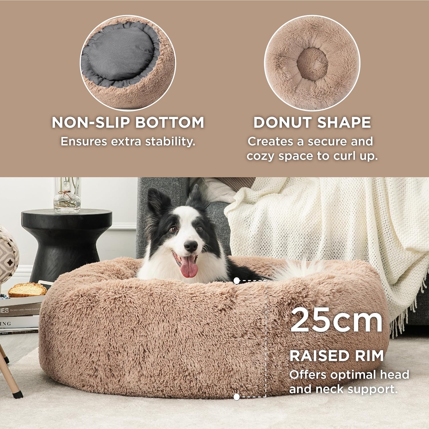 Bedsure Dog Bed Donut Bed - Washable Cat Beds for Indoor Cats Large, Fluffy Calming Kitten Bed for Small Dog and Puppy, Grey, 50x50x16cm - Comfort Style