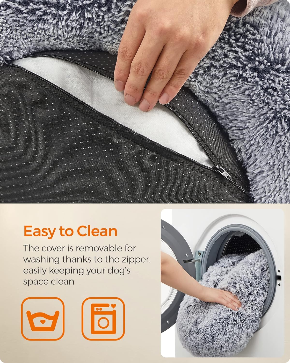 Feandrea Dog Bed, Donut Cat Bed, Fluffy Calming Pet Bed with Removable, Washable Cover, Soft Long Plush, 50 cm, Grey - Comfort Style