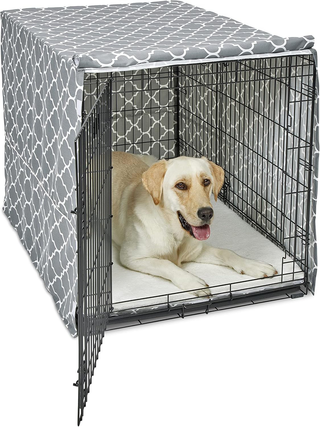 New World Large Dog Crate Cover Featuring Teflon Fabric Protector, Poly-Cotton Privacy Kennel Cover Fits Most 106 cm Crates, Gray Designer Print, Machine Washable, Reduces Barking, BCVR-42GYT