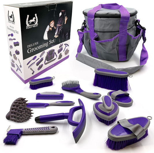 Equi-Neat Horse Grooming Kit – 12 Pieces Equestrian Grooming Gift Set that Includes All Types of Horse Hair Brush, Curry Comb, and Hoof Pick with a Multipurpose Horse Grooming Bag - Comfort Style