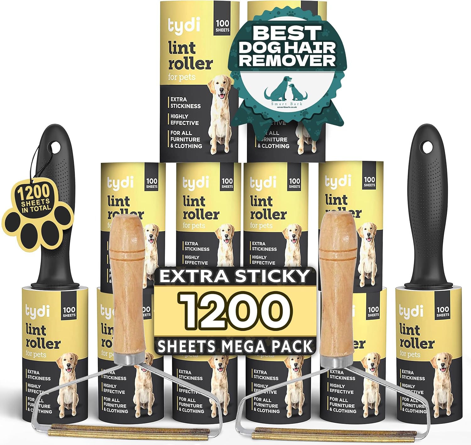 Tydi Pet Lint Roller Value Pack – 2 Handles, 1200 Sheets & 2 Lint Removers – Includes Carpet Scraper with Wooden Handle – Sticky Rollers for Pet Hair - Comfort Style