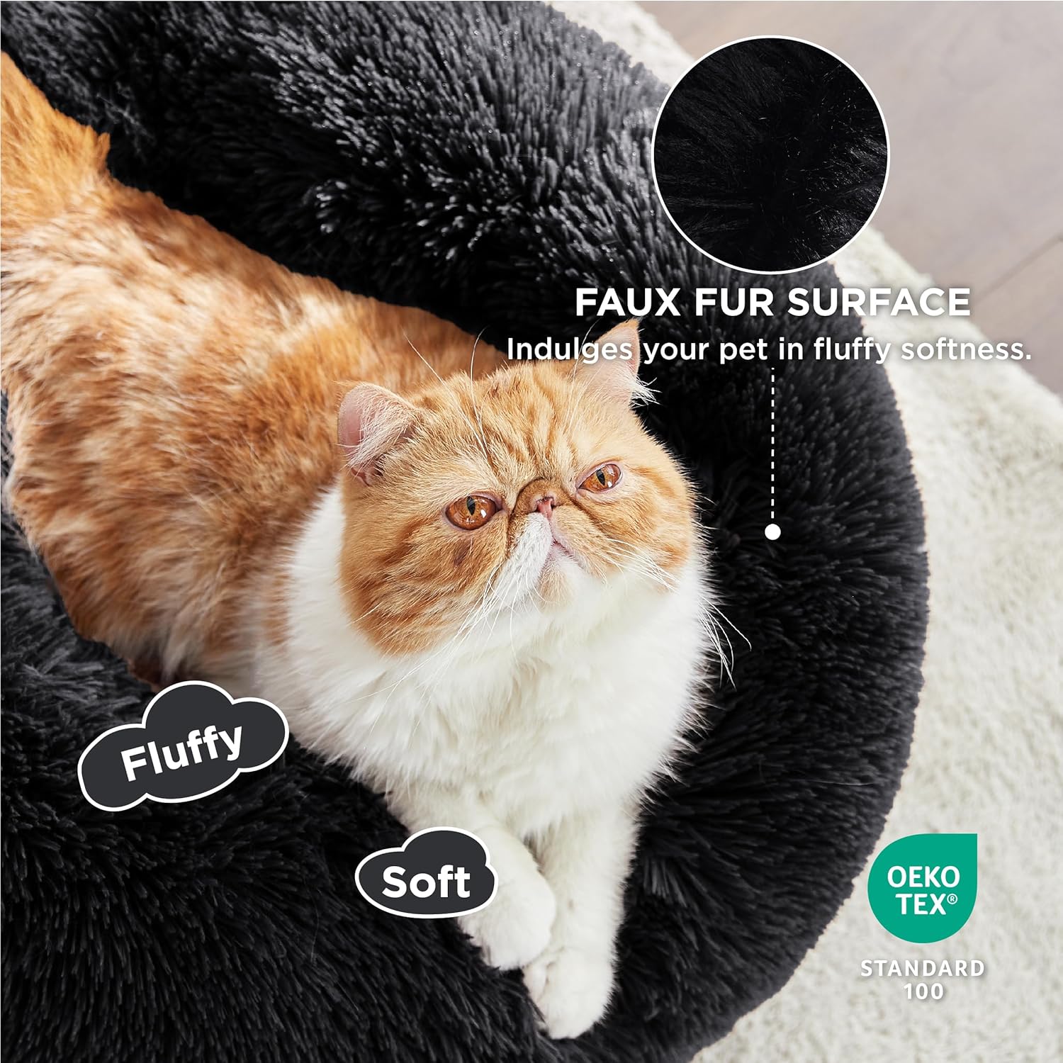 Bedsure Dog Bed Donut Bed - Washable Cat Beds for Indoor Cats Large, Fluffy Calming Kitten Bed for Small Dog and Puppy, Grey, 50x50x16cm - Comfort Style