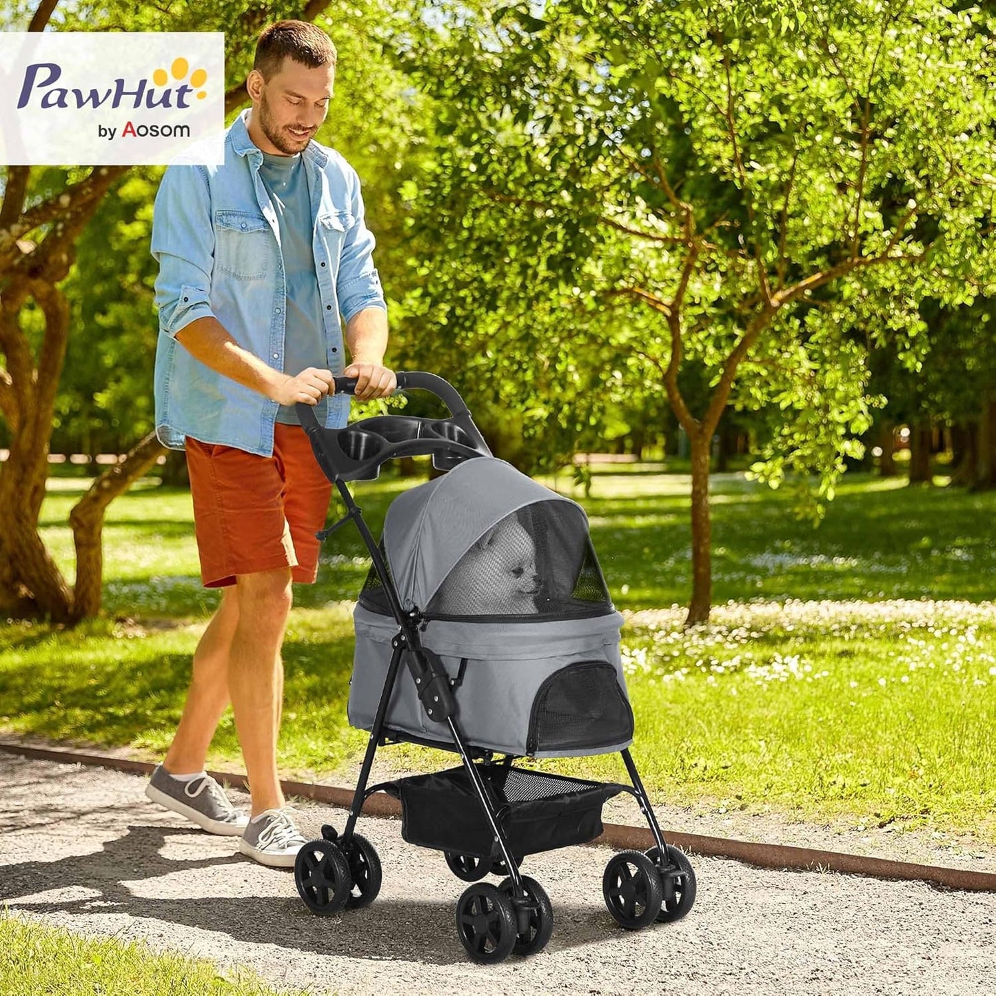 PawHut Dog Pram Dog Stroller Foldable Pet Pushchair with 4 Wheels, Safety Leashes, Cup Holder for Small Dogs, Grey