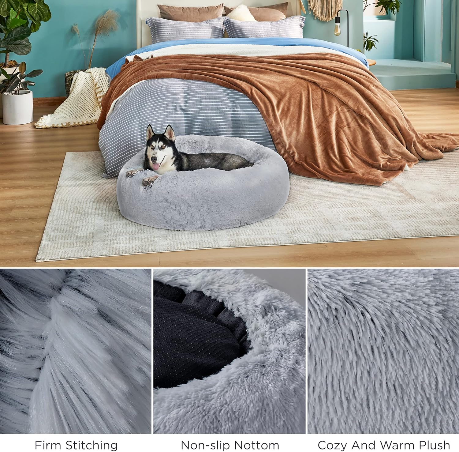 Bedsure Dog Bed Donut Bed - Washable Cat Beds for Indoor Cats Large, Fluffy Calming Kitten Bed for Small Dog and Puppy, Grey, 50x50x16cm - Comfort Style