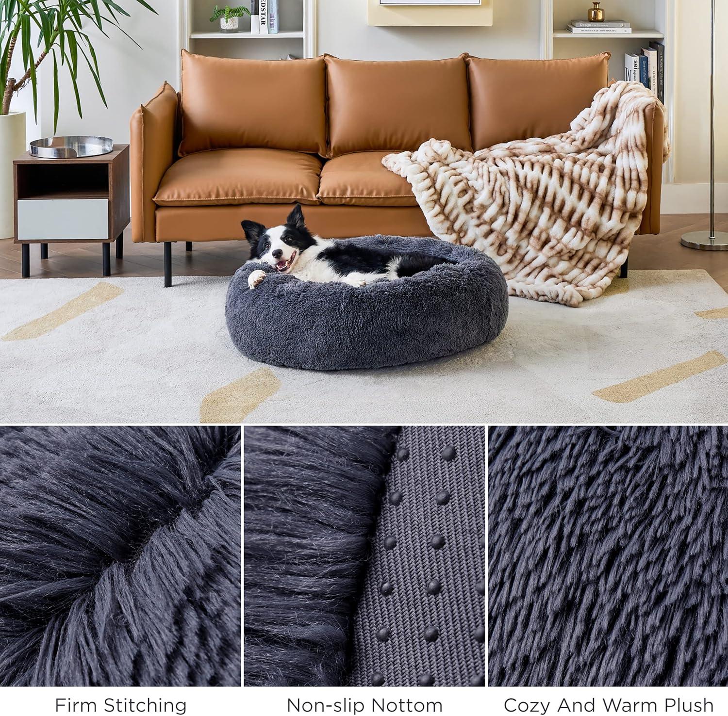 Bedsure Dog Bed Donut Bed - Washable Cat Beds for Indoor Cats Large, Fluffy Calming Kitten Bed for Small Dog and Puppy, Grey, 50x50x16cm - Comfort Style