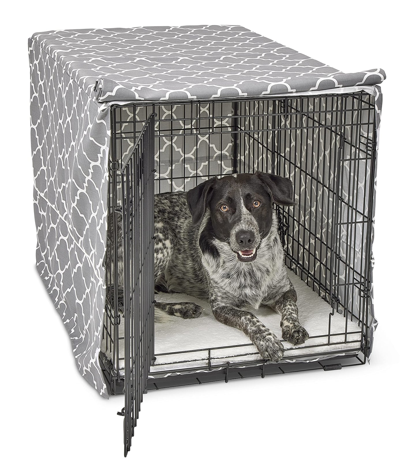 New World Large Dog Crate Cover Featuring Teflon Fabric Protector, Poly-Cotton Privacy Kennel Cover Fits Most 106 cm Crates, Gray Designer Print, Machine Washable, Reduces Barking, BCVR-42GYT