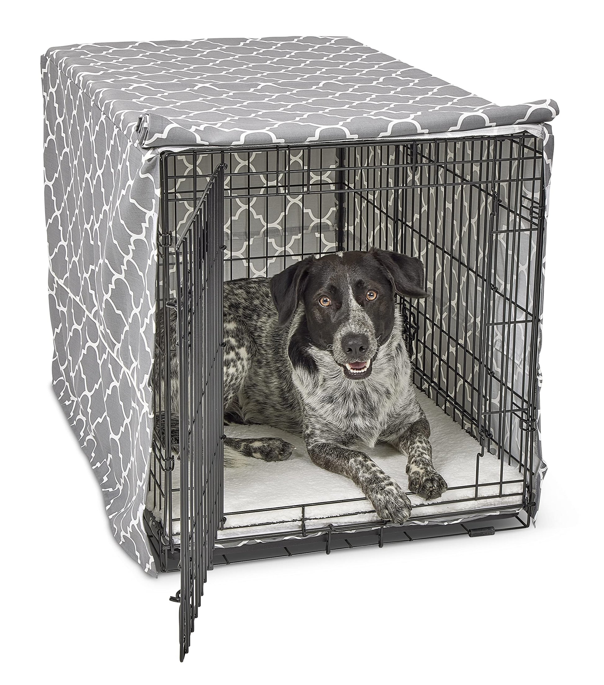 New World Large Dog Crate Cover Featuring Teflon Fabric Protector, Poly-Cotton Privacy Kennel Cover Fits Most 106 cm Crates, Gray Designer Print, Machine Washable, Reduces Barking, BCVR-42GYT