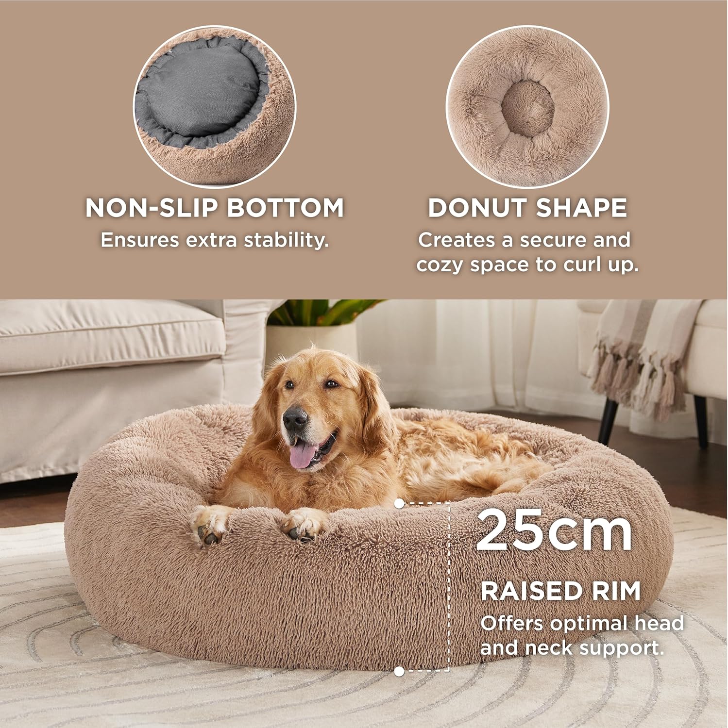 Bedsure Dog Bed Donut Bed - Washable Cat Beds for Indoor Cats Large, Fluffy Calming Kitten Bed for Small Dog and Puppy, Grey, 50x50x16cm - Comfort Style