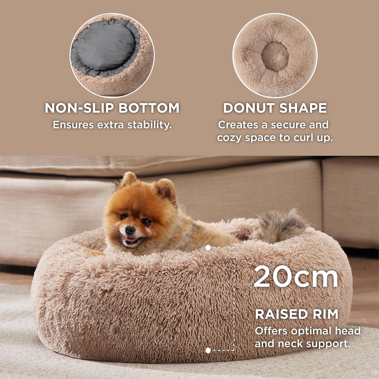 Bedsure Dog Bed Donut Bed - Washable Cat Beds for Indoor Cats Large, Fluffy Calming Kitten Bed for Small Dog and Puppy, Grey, 50x50x16cm - Comfort Style