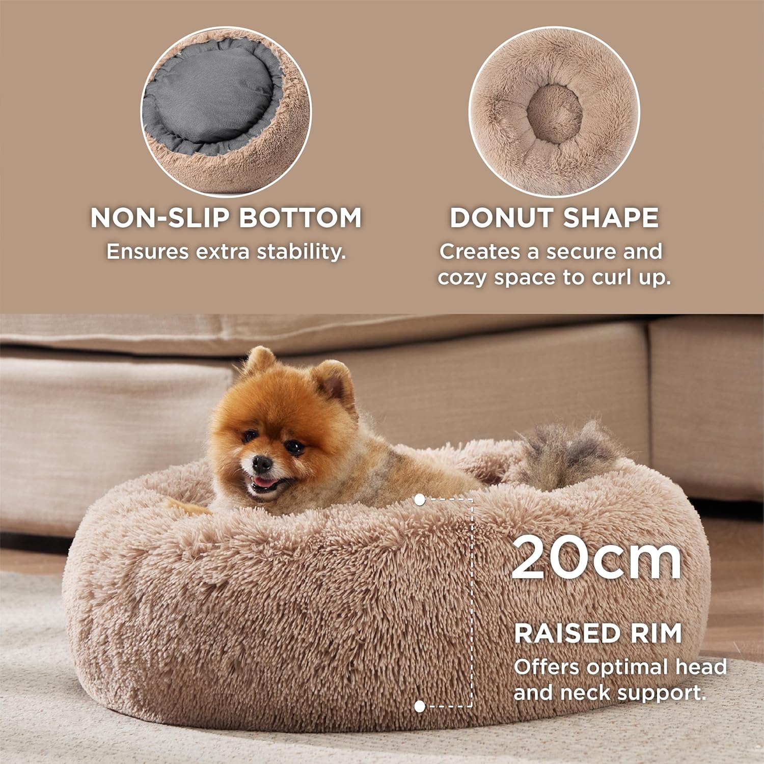 Bedsure Dog Bed Donut Bed - Washable Cat Beds for Indoor Cats Large, Fluffy Calming Kitten Bed for Small Dog and Puppy, Grey, 50x50x16cm - Comfort Style