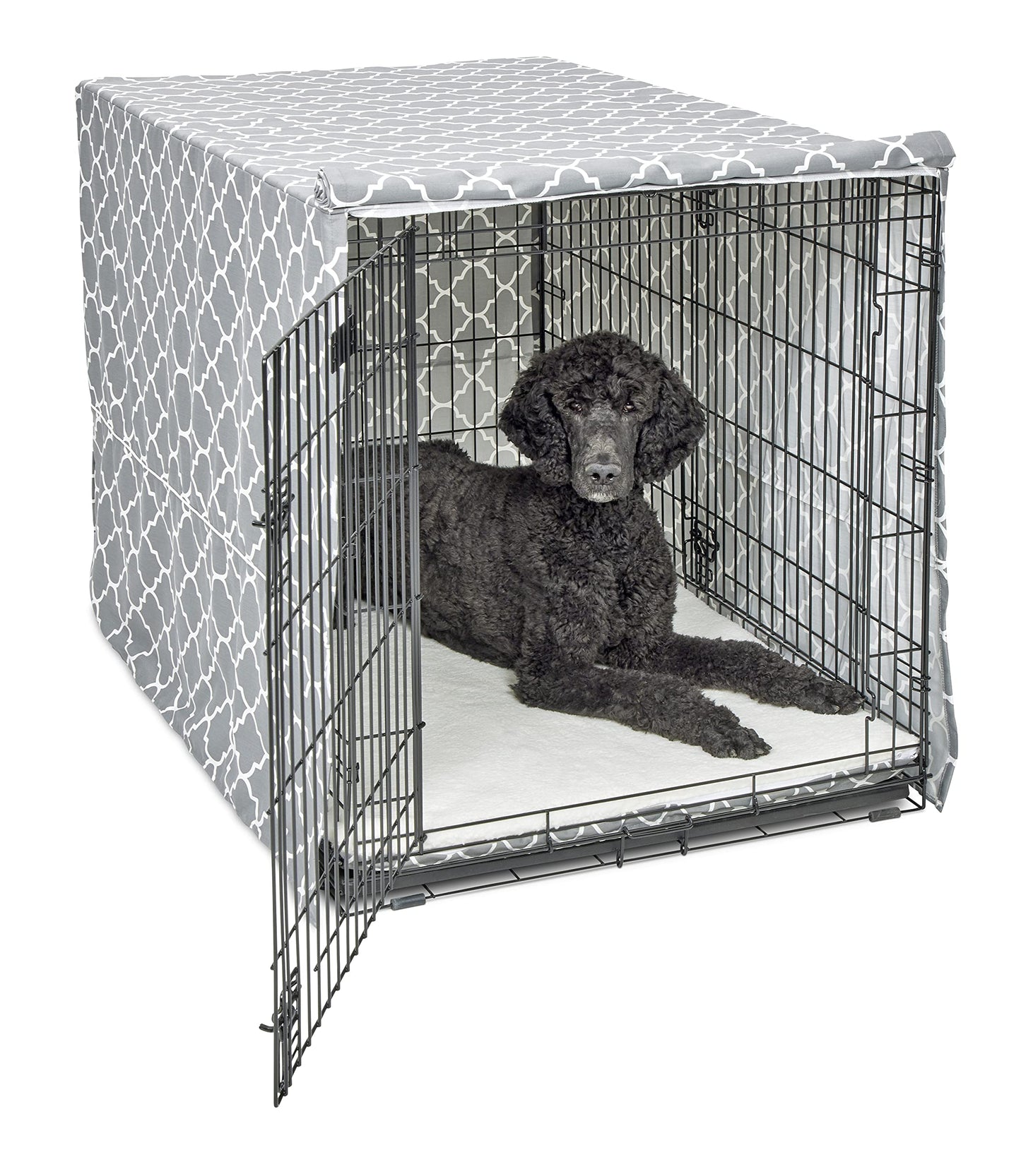 New World Large Dog Crate Cover Featuring Teflon Fabric Protector, Poly-Cotton Privacy Kennel Cover Fits Most 106 cm Crates, Gray Designer Print, Machine Washable, Reduces Barking, BCVR-42GYT