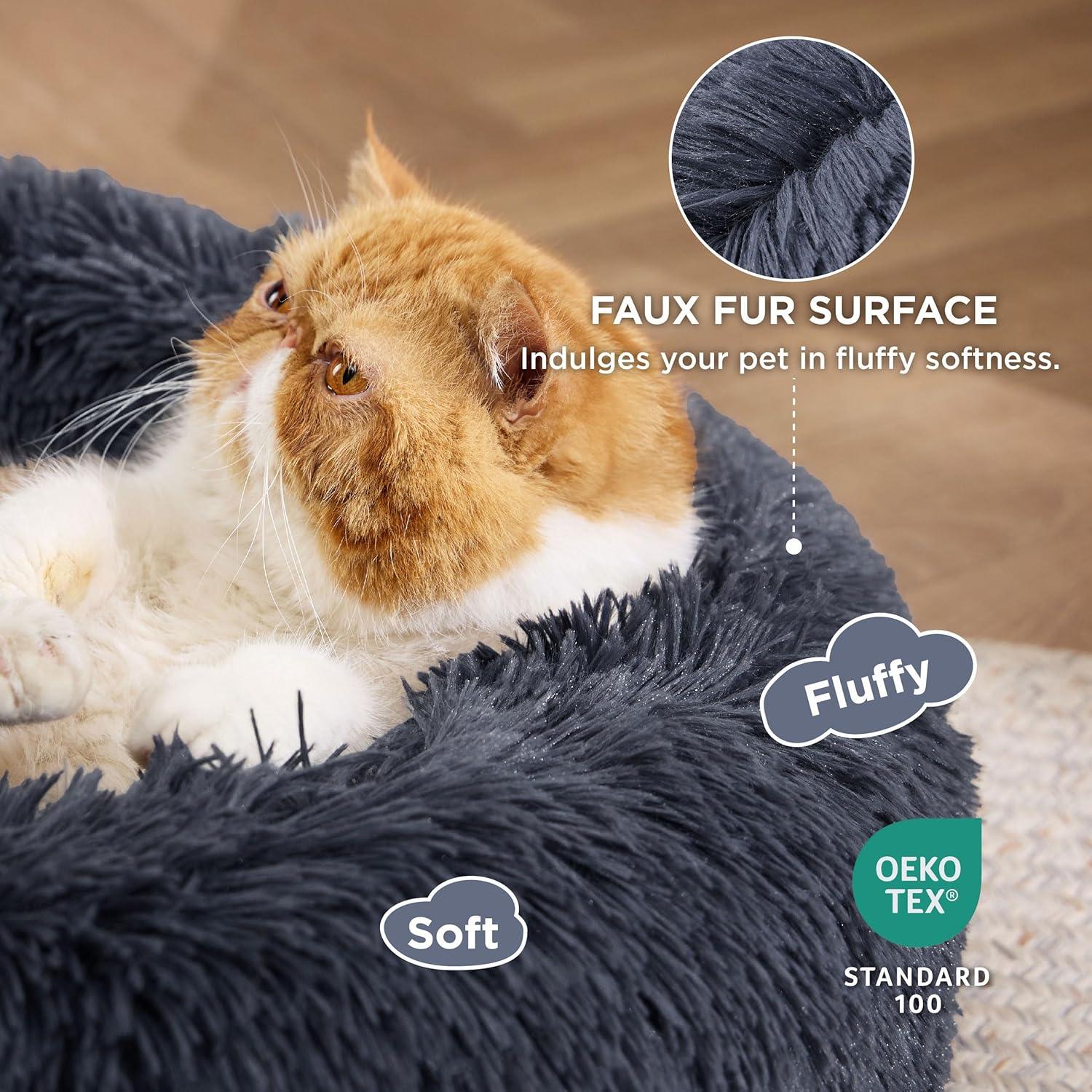 Bedsure Dog Bed Donut Bed - Washable Cat Beds for Indoor Cats Large, Fluffy Calming Kitten Bed for Small Dog and Puppy, Grey, 50x50x16cm - Comfort Style