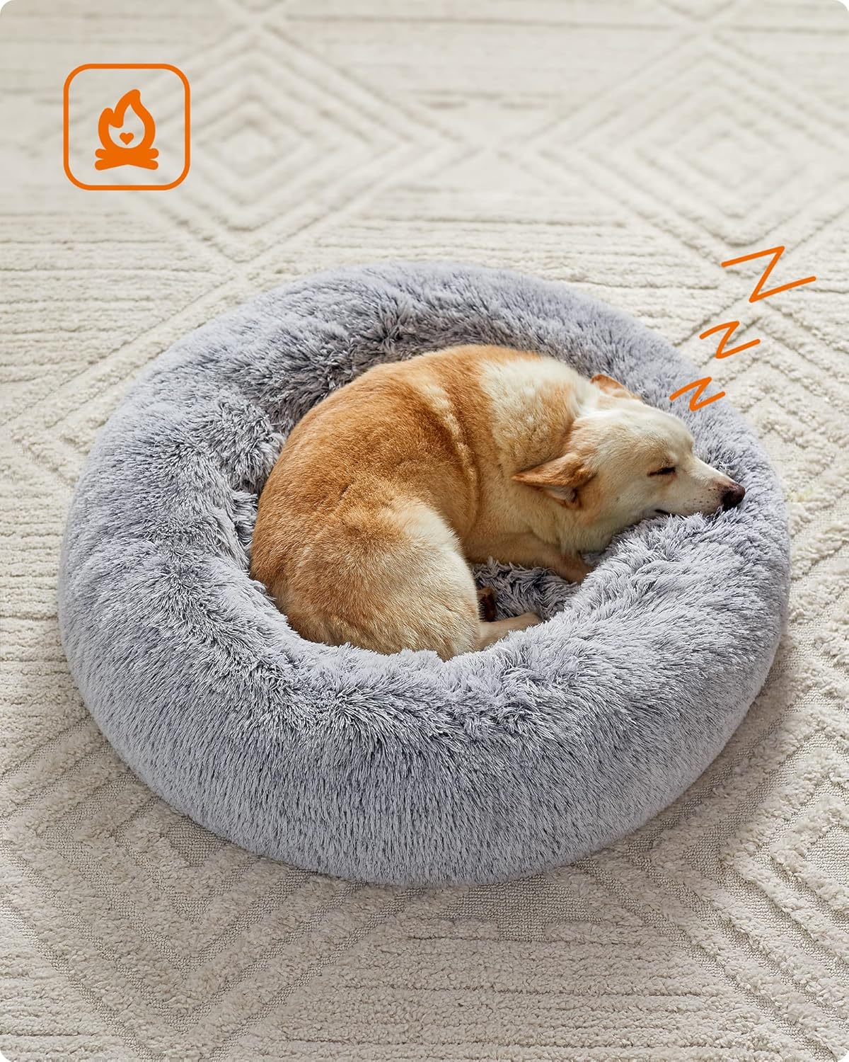 Feandrea Dog Bed, Donut Cat Bed, Fluffy Calming Pet Bed with Removable, Washable Cover, Soft Long Plush, 50 cm, Grey - Comfort Style