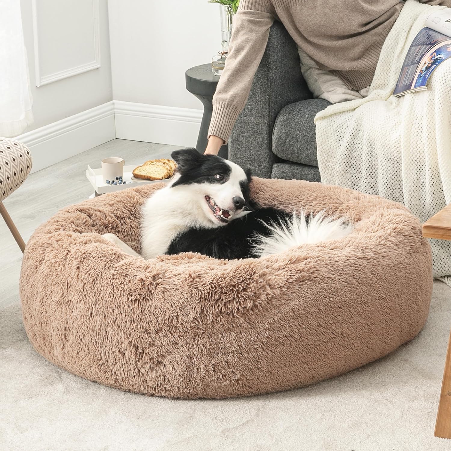 Bedsure Dog Bed Donut Bed - Washable Cat Beds for Indoor Cats Large, Fluffy Calming Kitten Bed for Small Dog and Puppy, Grey, 50x50x16cm - Comfort Style
