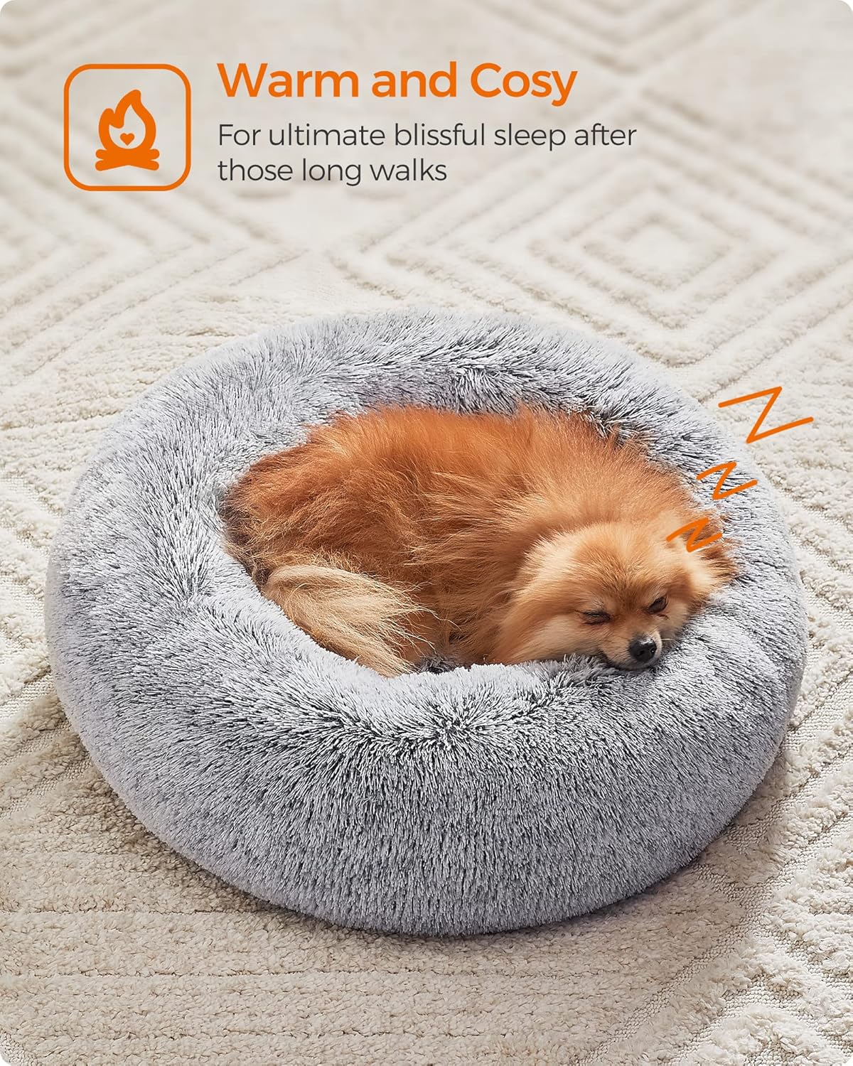 Feandrea Dog Bed, Donut Cat Bed, Fluffy Calming Pet Bed with Removable, Washable Cover, Soft Long Plush, 50 cm, Grey - Comfort Style
