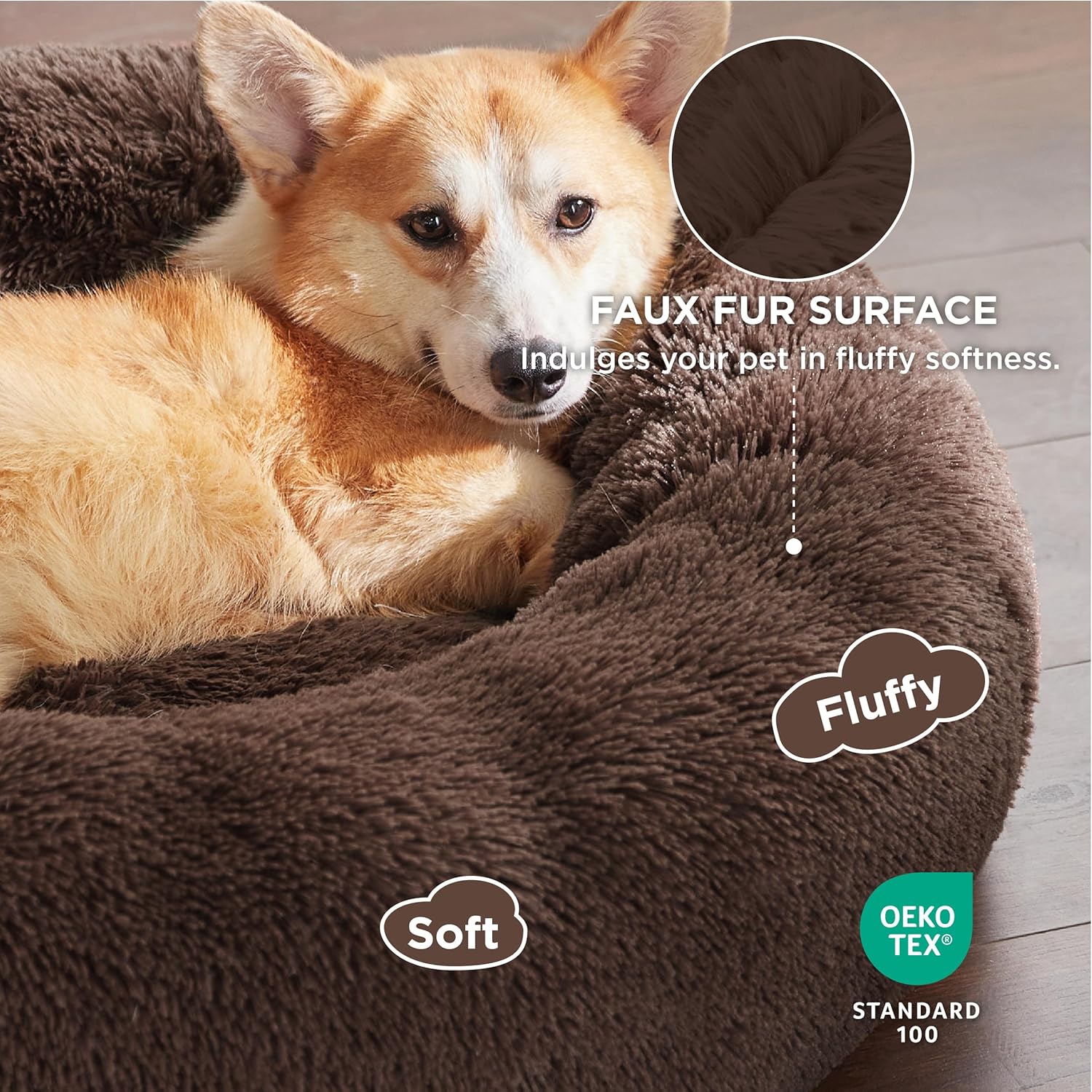 Bedsure Dog Bed Donut Bed - Washable Cat Beds for Indoor Cats Large, Fluffy Calming Kitten Bed for Small Dog and Puppy, Grey, 50x50x16cm - Comfort Style