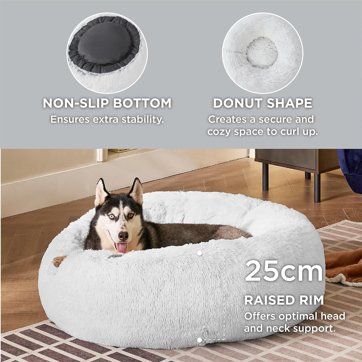 Bedsure Dog Bed Donut Bed - Washable Cat Beds for Indoor Cats Large, Fluffy Calming Kitten Bed for Small Dog and Puppy, Grey, 50x50x16cm - Comfort Style
