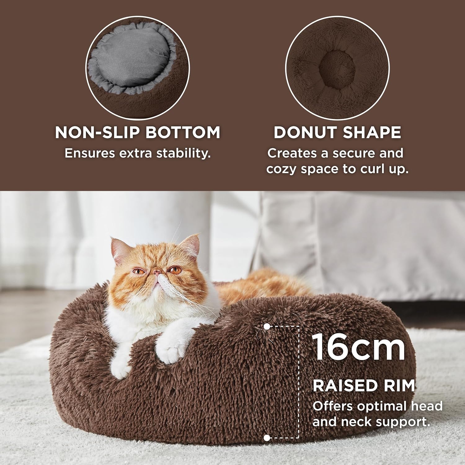 Bedsure Dog Bed Donut Bed - Washable Cat Beds for Indoor Cats Large, Fluffy Calming Kitten Bed for Small Dog and Puppy, Grey, 50x50x16cm - Comfort Style