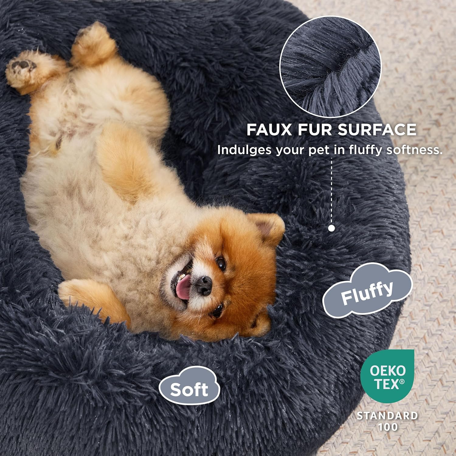 Bedsure Dog Bed Donut Bed - Washable Cat Beds for Indoor Cats Large, Fluffy Calming Kitten Bed for Small Dog and Puppy, Grey, 50x50x16cm - Comfort Style