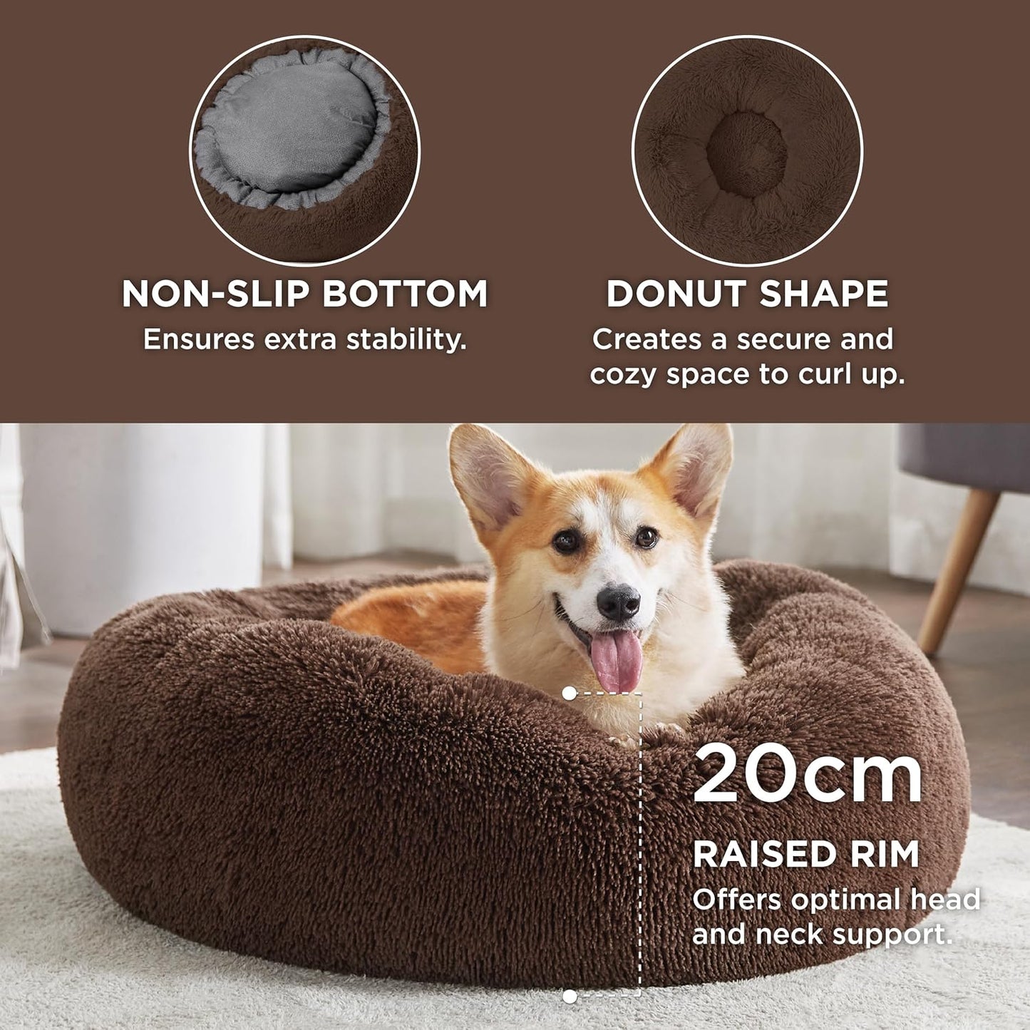 Bedsure Dog Bed Donut Bed - Washable Cat Beds for Indoor Cats Large, Fluffy Calming Kitten Bed for Small Dog and Puppy, Grey, 50x50x16cm - Comfort Style
