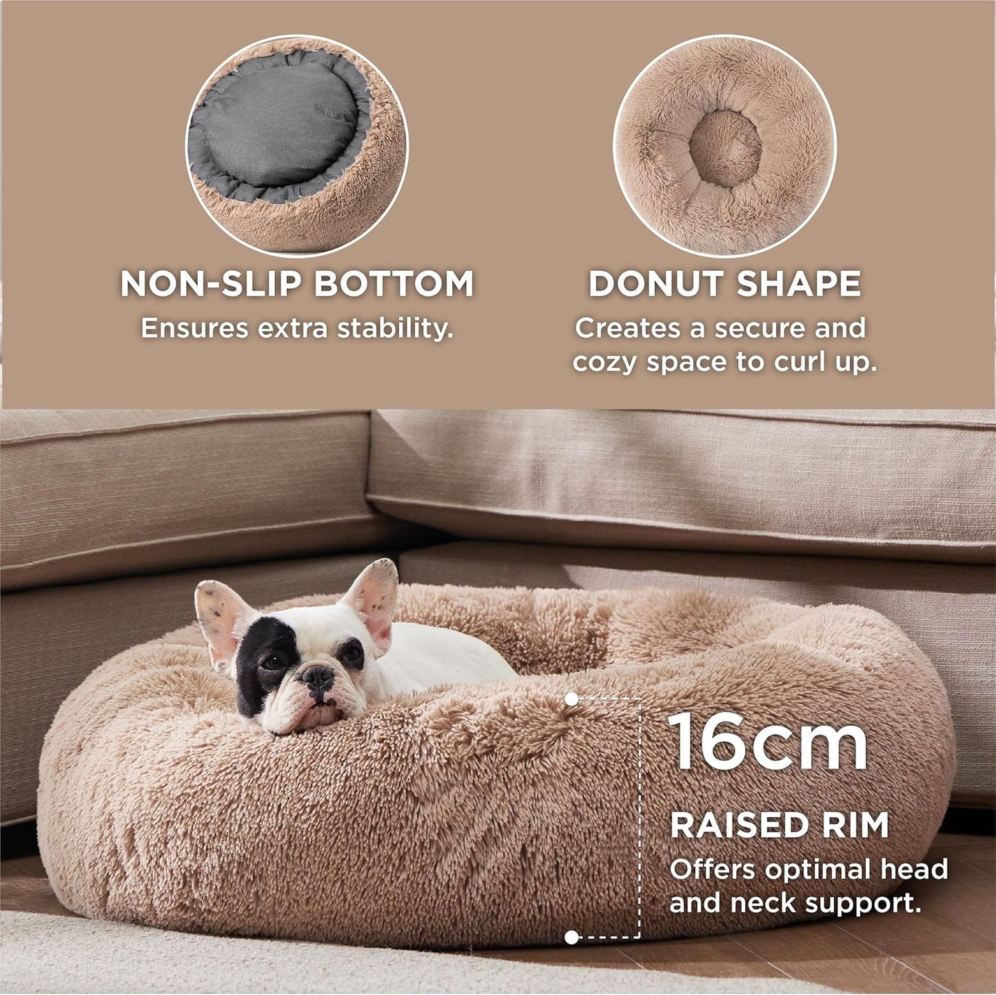 Bedsure Dog Bed Donut Bed - Washable Cat Beds for Indoor Cats Large, Fluffy Calming Kitten Bed for Small Dog and Puppy, Grey, 50x50x16cm - Comfort Style