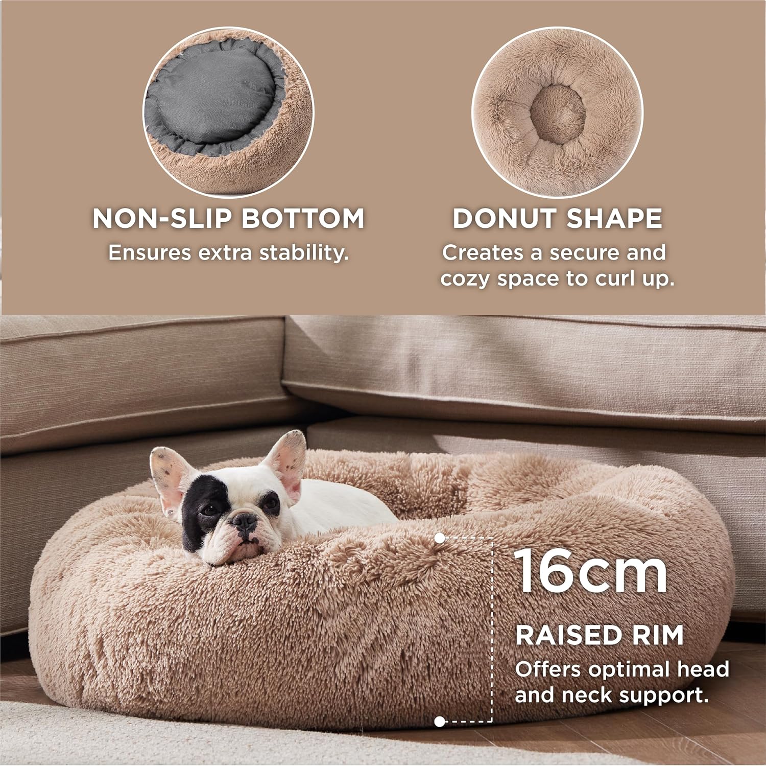Bedsure Dog Bed Donut Bed - Washable Cat Beds for Indoor Cats Large, Fluffy Calming Kitten Bed for Small Dog and Puppy, Grey, 50x50x16cm - Comfort Style