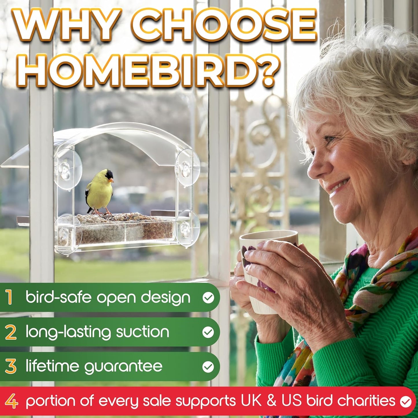 Window Bird Feeder with Strong Suction Cups - HOMEBIRD Window Bird Feeder UK with Removable Seed Tray For Bird Watching Bird Feeders for Small Birds Squirrel Proof Bird Feeder Window - Comfort Style