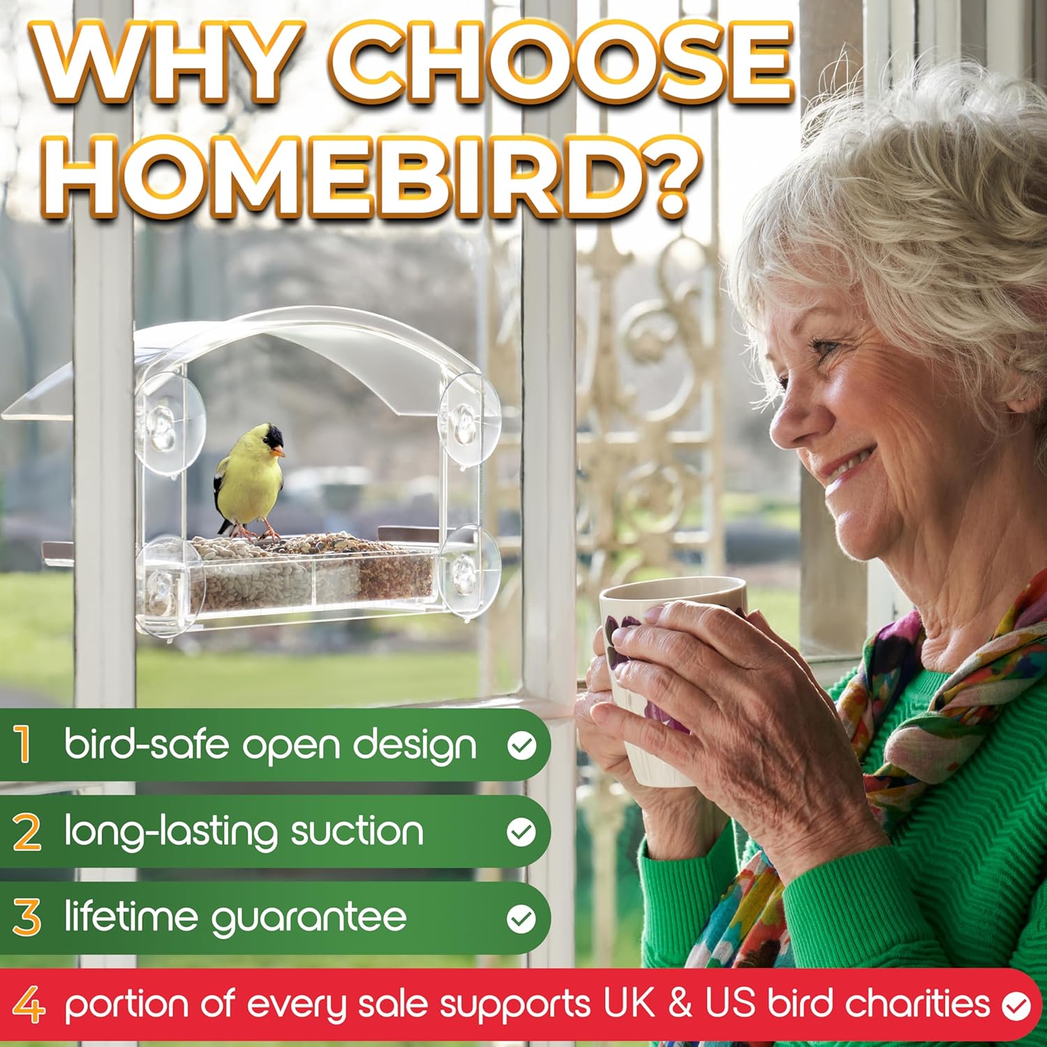 Window Bird Feeder with Strong Suction Cups - HOMEBIRD Window Bird Feeder UK with Removable Seed Tray For Bird Watching Bird Feeders for Small Birds Squirrel Proof Bird Feeder Window - Comfort Style