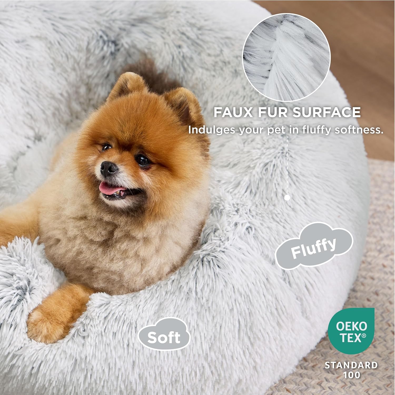 Bedsure Dog Bed Donut Bed - Washable Cat Beds for Indoor Cats Large, Fluffy Calming Kitten Bed for Small Dog and Puppy, Grey, 50x50x16cm - Comfort Style