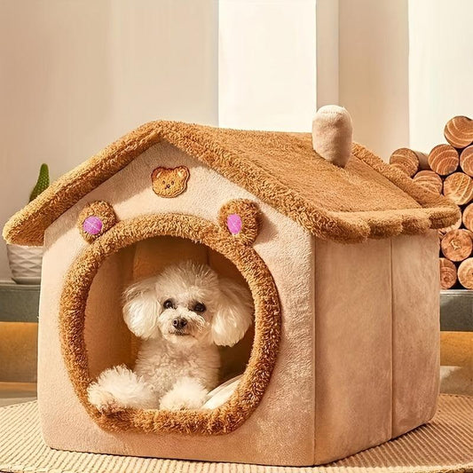 Small All-Weather Teddy Winter Warmth Contemporary Style Pet House, Polyester Washable Dog Bed, Assemble-able Cat Furniture - Comfort Style