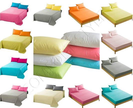 EASY CARE Non Iron Plain Bed Sheets Set Flat Bed Sheet + Fitted Bed Sheet + Pair of Pillowcases - Comfort Style