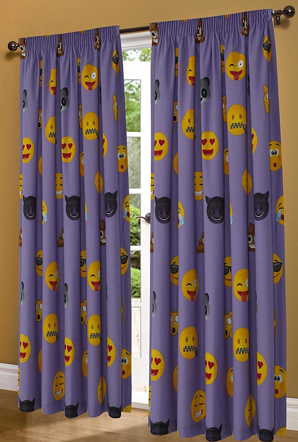 Nightzone New EMOJI FACES Fully Lined Ready Made CURTAINS with Tie backs ~ SUPER PolyCotton Fabric (LILAC) - Comfort Style