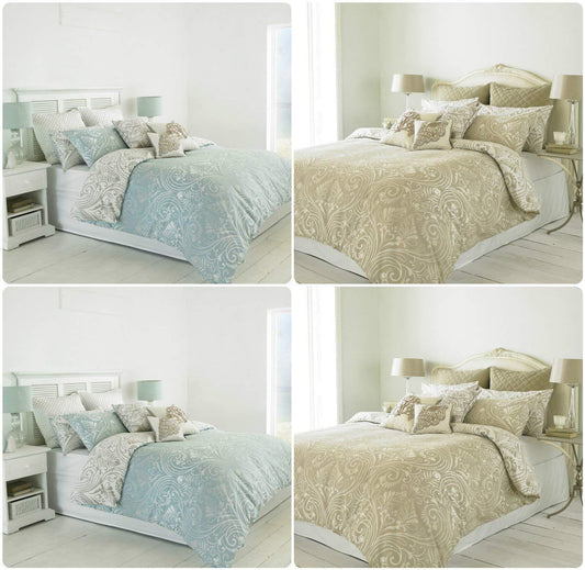 Luxury CHATSWORTH Heritage Duvet Cover Set & Pillowcases | Reversible DAMASK Scroll Design ~ UK SIZES | (Double, NATURAL) - Comfort Style