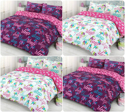 Luxury Floral Reversible Duvet Cover | Printed Decorative SLEEP TEXT Bedding Set with Matching Pillowcases | PolyCotton Bedding Colors & UK SIZES (PINK, King Duvet Set) - Comfort Style