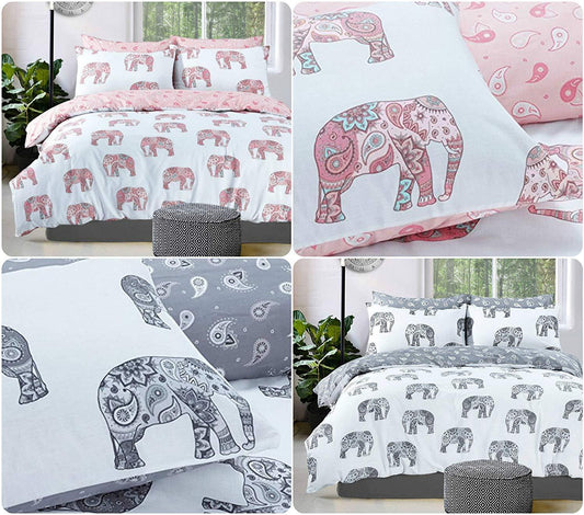 Decent Look DUVET COVER SET Animal Print ELEPHANT + Matching Pillowcases | Reversible PolyCotton Bedding Collection & UK SIZES (PINK, Single Duvet Set) - Comfort Style
