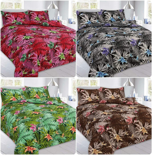 XMAS GIFT ~ ABBY Floral Leaf Reversible Duvet Cover Set with Pillowcases ~ Black, Brown, Green, Red ~ SUPER PolyCotton 4 Colors (ABBY - Black, Single) - Comfort Style