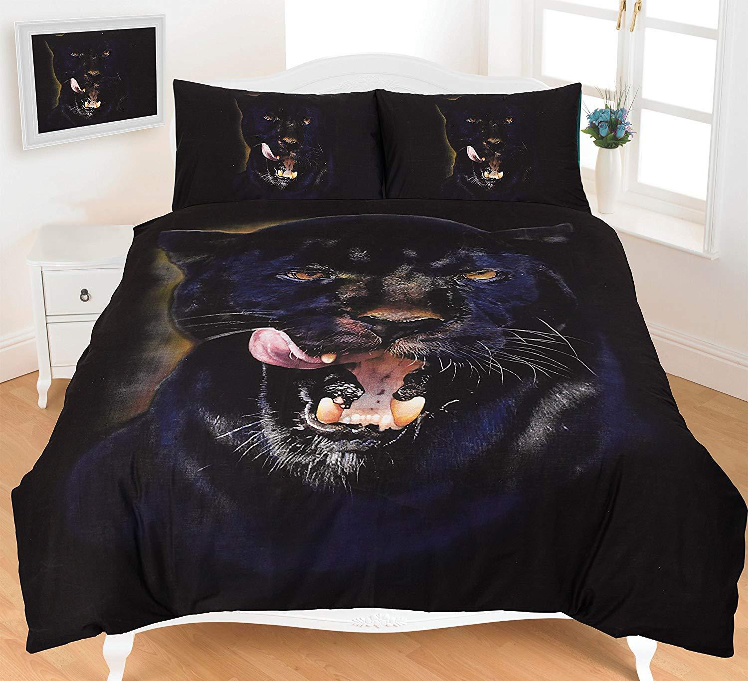 Luxury 3D Animal Duvet Cover Set with Pillowcases ~ 3D BLACK PANTHER ~ Printed PolyCotton Quilt Bedding Set UK SIZE (SINGLE) - Comfort Style