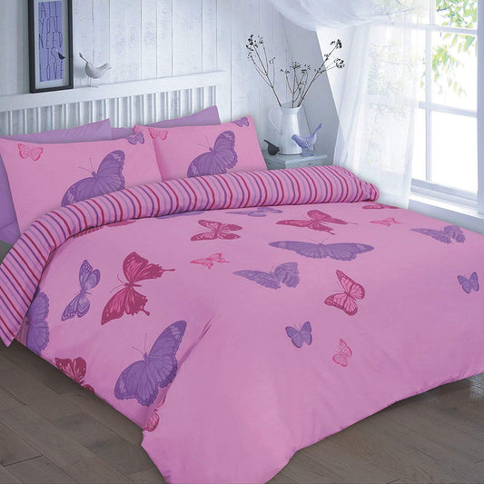 ELSA LUXURY BEDDING - DUVET COVER PLUS 2 MATCHING PILLOW CASES, FLORAL PRINTED BUTTERFLY ON POLYCOTON SOPHISTICATED BEDDING ALL UK SIZES NEW (DOUBLE, ELSA - LILAC) - Comfort Style