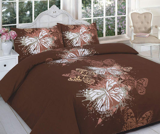 LUXURY QUILT / DUVET COVER SET WITH PILLOW CASES POLY COTTON BUTTERFLY CHOCO UK SIZES NEW (DOUBLE, BUTTERFLY CHOCO) - Comfort Style
