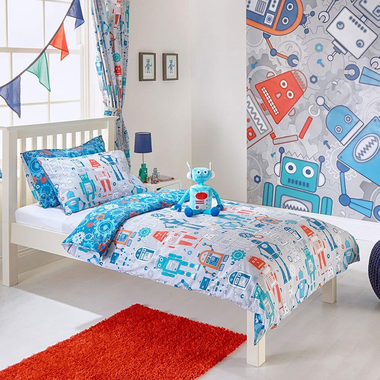 Kids ROBOT Single Duvet Cover Set with 1 Pillowcase Included ~ COTTON BLEND Grey & Blue Children Duvet Set ( UK SIZE SINGLE ) - Comfort Style