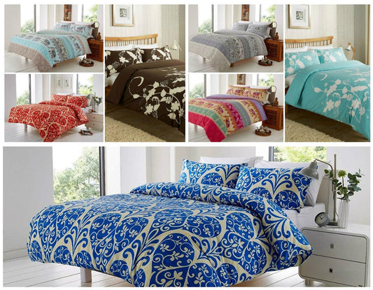 Luxurious Printed DUVET QUILT COVER Bedding Sets ~ with matching Pillowcases ~ Polycotton 4 Designs: Check, Chloe, Elly & Floral Trail ~ UK SIZES (SUPER KING, FLORAL TRAIL- Duck Egg) - Comfort Style