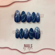 Navy Blue Silver Foil Marble Reusable Press On Nails
