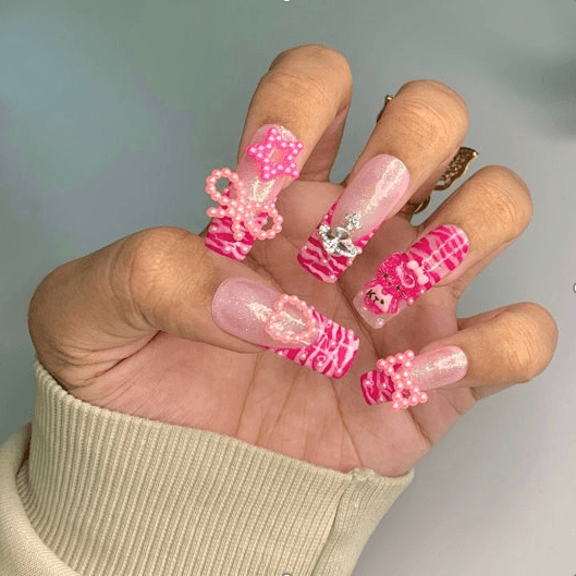 Y2K Kitty Charm Zebra Print French Tip Reusable Press On Nails - Comfort Style