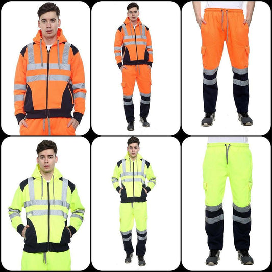 Men Hi Vis Visibility Reflective Safety Work Wear Hoodie Tops Jogging Bottom - Comfort Style