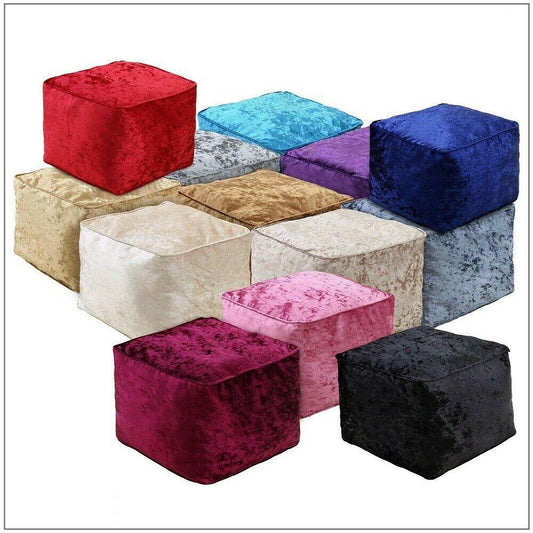 Cube Bean Bag Seat Crushed Velvet Fabric, Indoor Square Footstool Pouffe Ottoman - Comfort Style